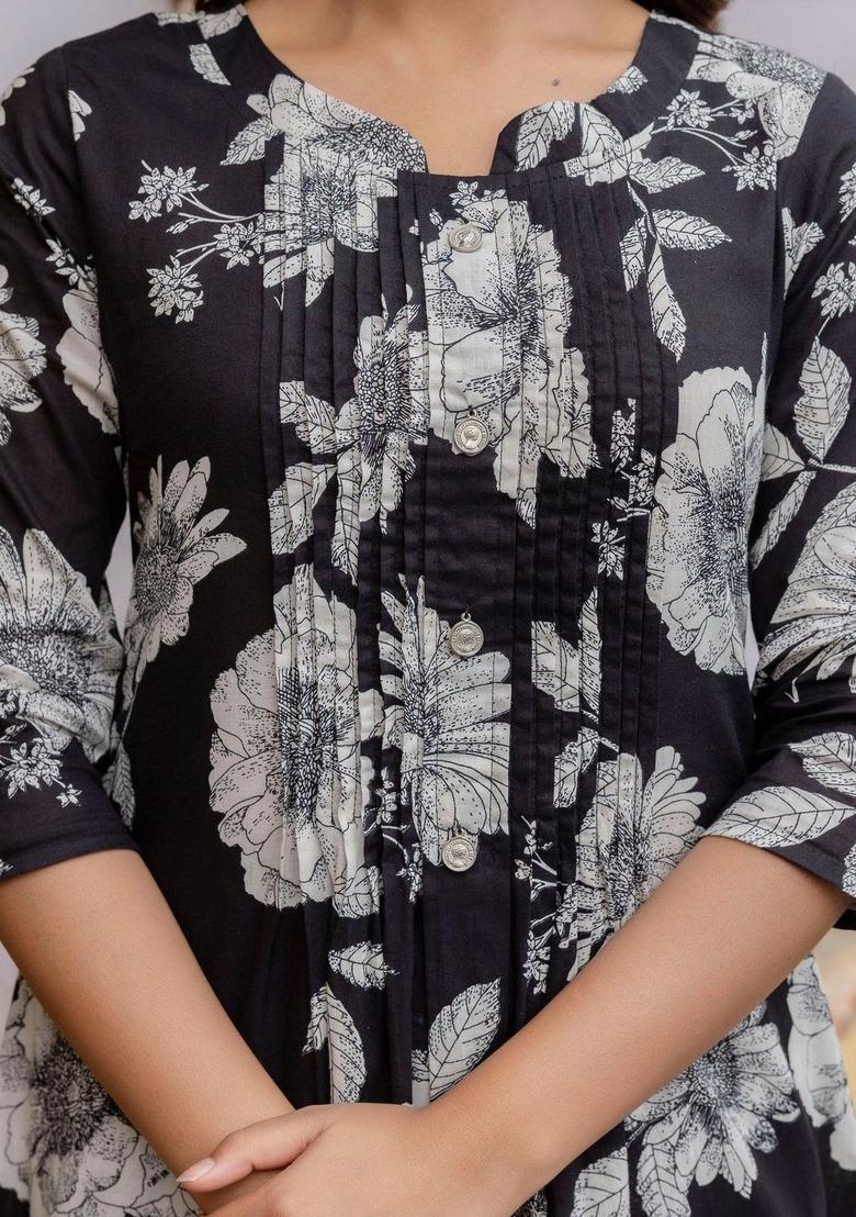 Black Printed Cotton Kurta Set - Indya