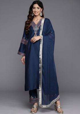 Blue Embroidered Viscose Kurta Set