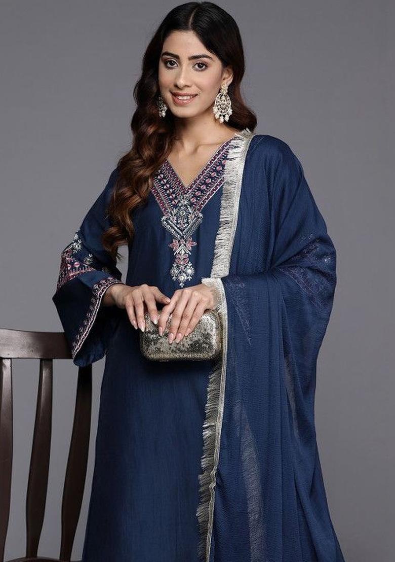 Blue Embroidered Viscose Kurta Set - Indya