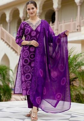 Purple Printed Viscose Kurta Set