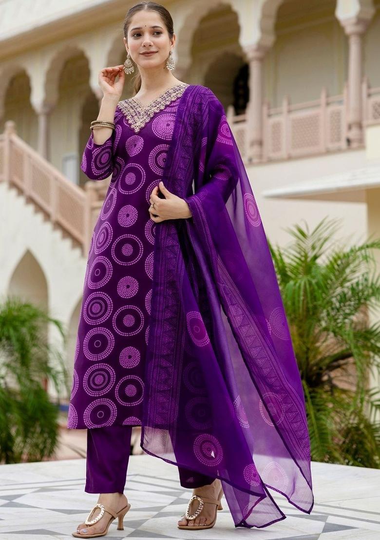 Purple Printed Viscose Kurta Set - Indya