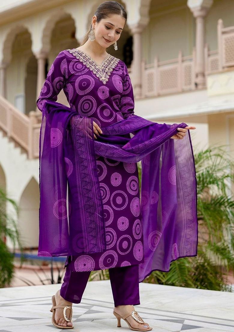 Purple Printed Viscose Kurta Set - Indya