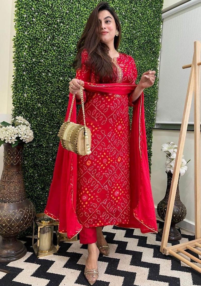 Red Printed Viscose Kurta Set - Indya