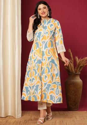 Yellow Printed Viscose Kurta Set