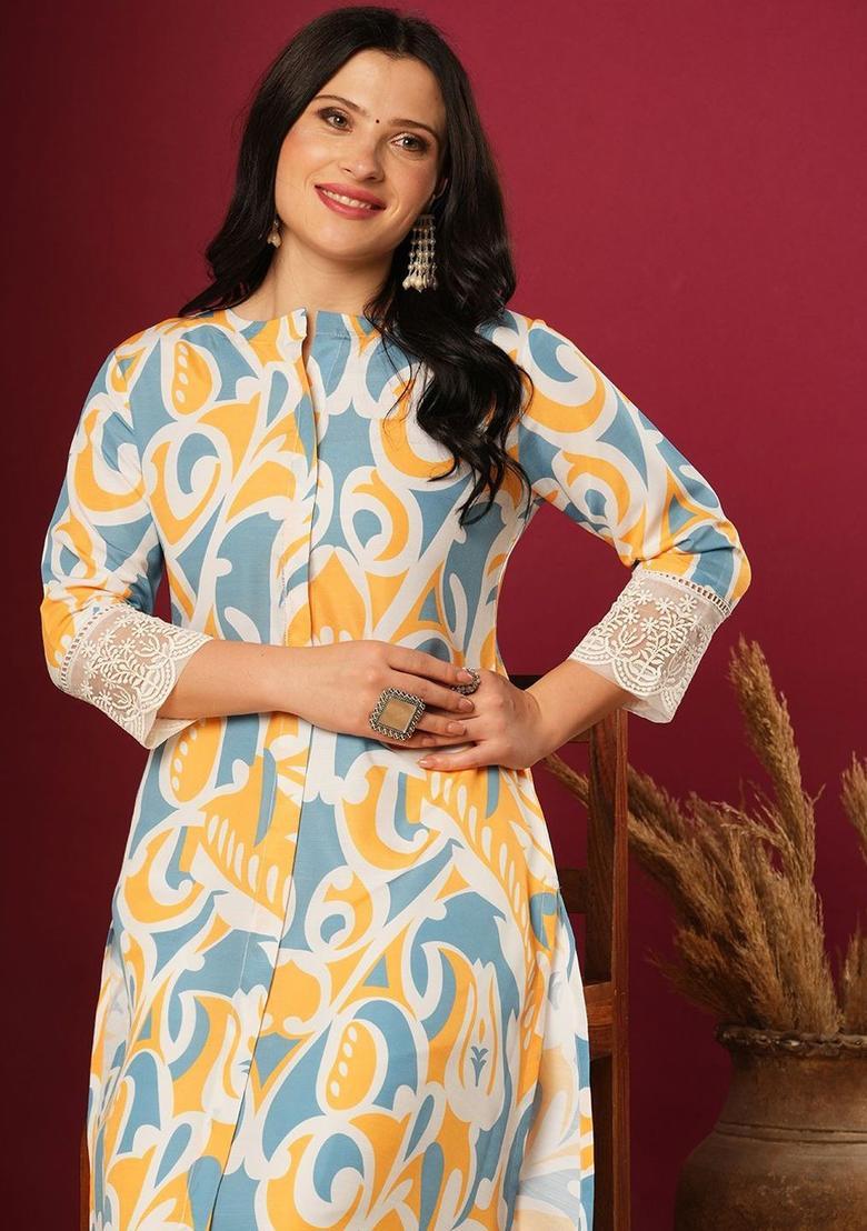 Yellow Printed Viscose Kurta Set - Indya