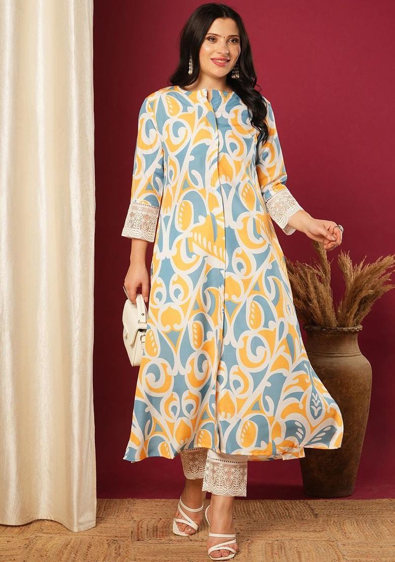 Yellow Printed Viscose Kurta Set - Indya