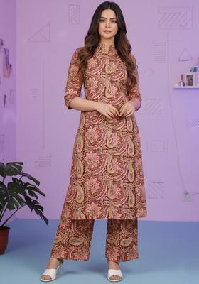 Red Printed Cotton Kurta Set