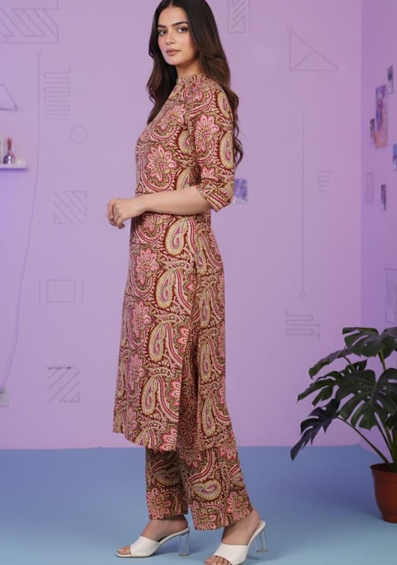 Red Printed Cotton Kurta Set - Indya