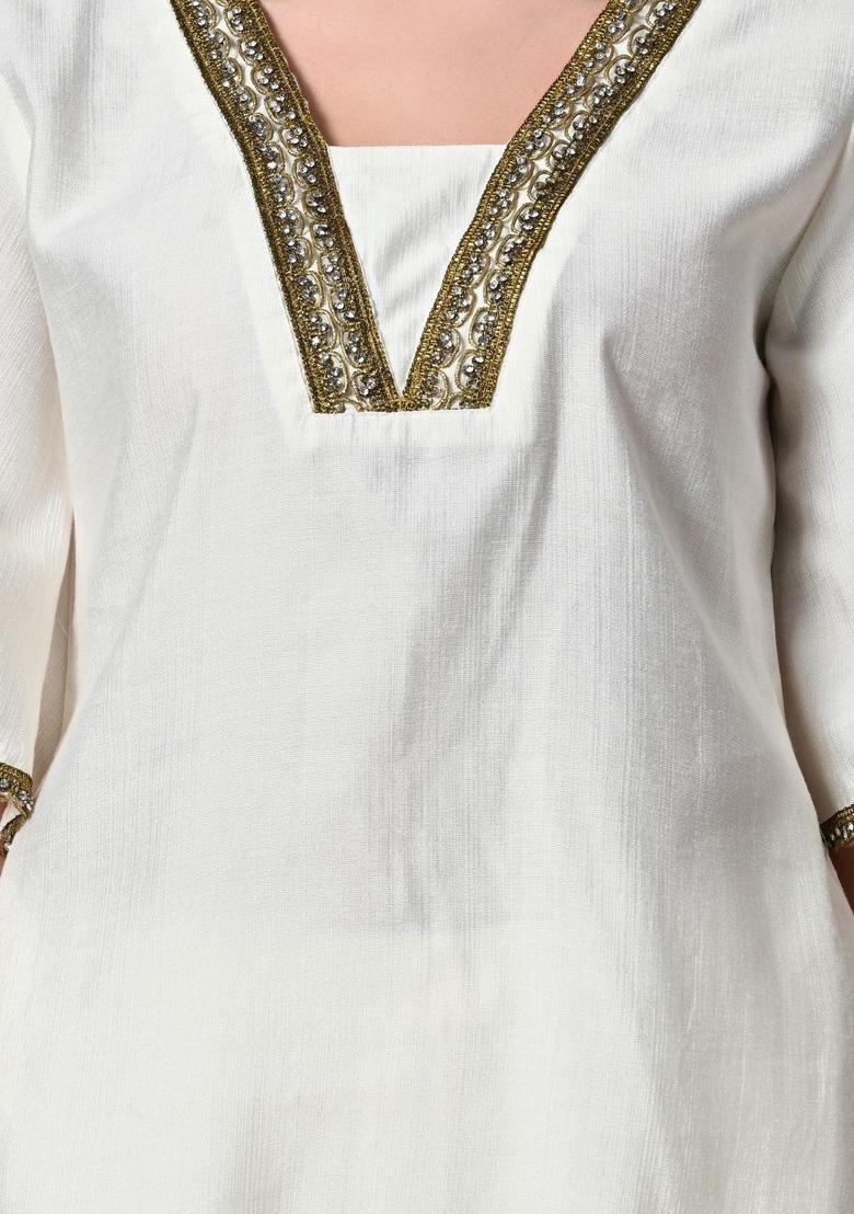 White Solid Silk Kurta Set - Indya