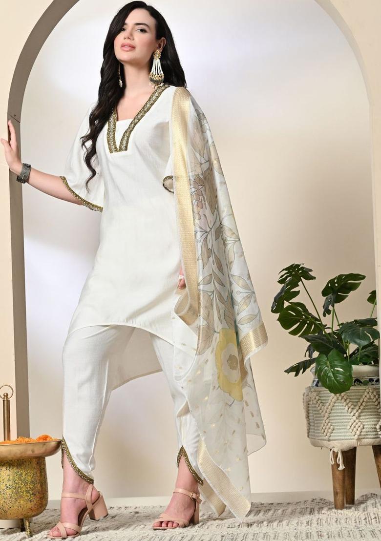 White Solid Silk Kurta Set - Indya