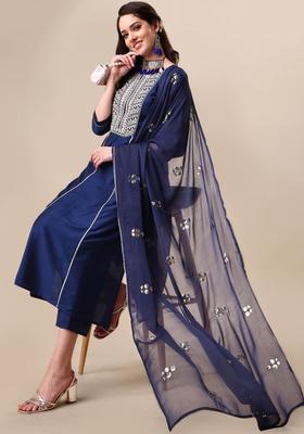Navy Blue Embroidered Cotton Kurta Set