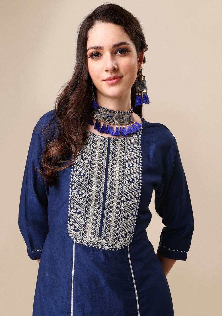 Navy Blue Embroidered Cotton Kurta Set - Indya
