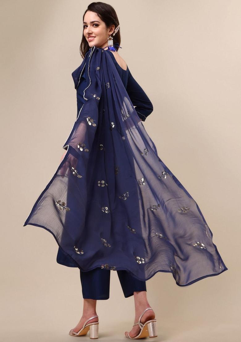 Navy Blue Embroidered Cotton Kurta Set - Indya