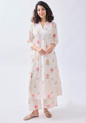 Off White Printed Viscose Kurta Set