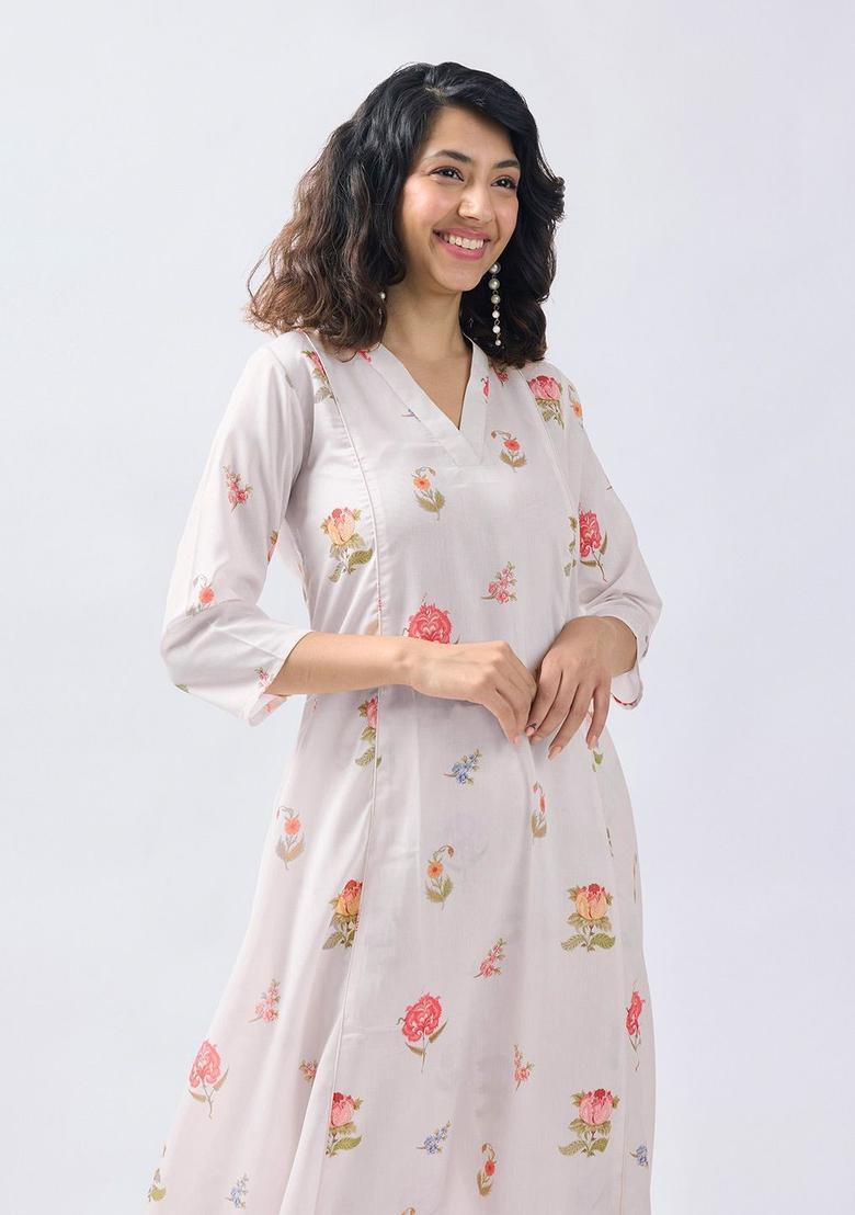 Off White Printed Viscose Kurta Set - Indya