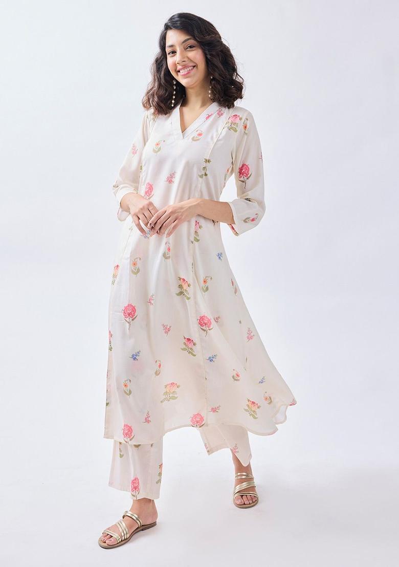 Off White Printed Viscose Kurta Set - Indya