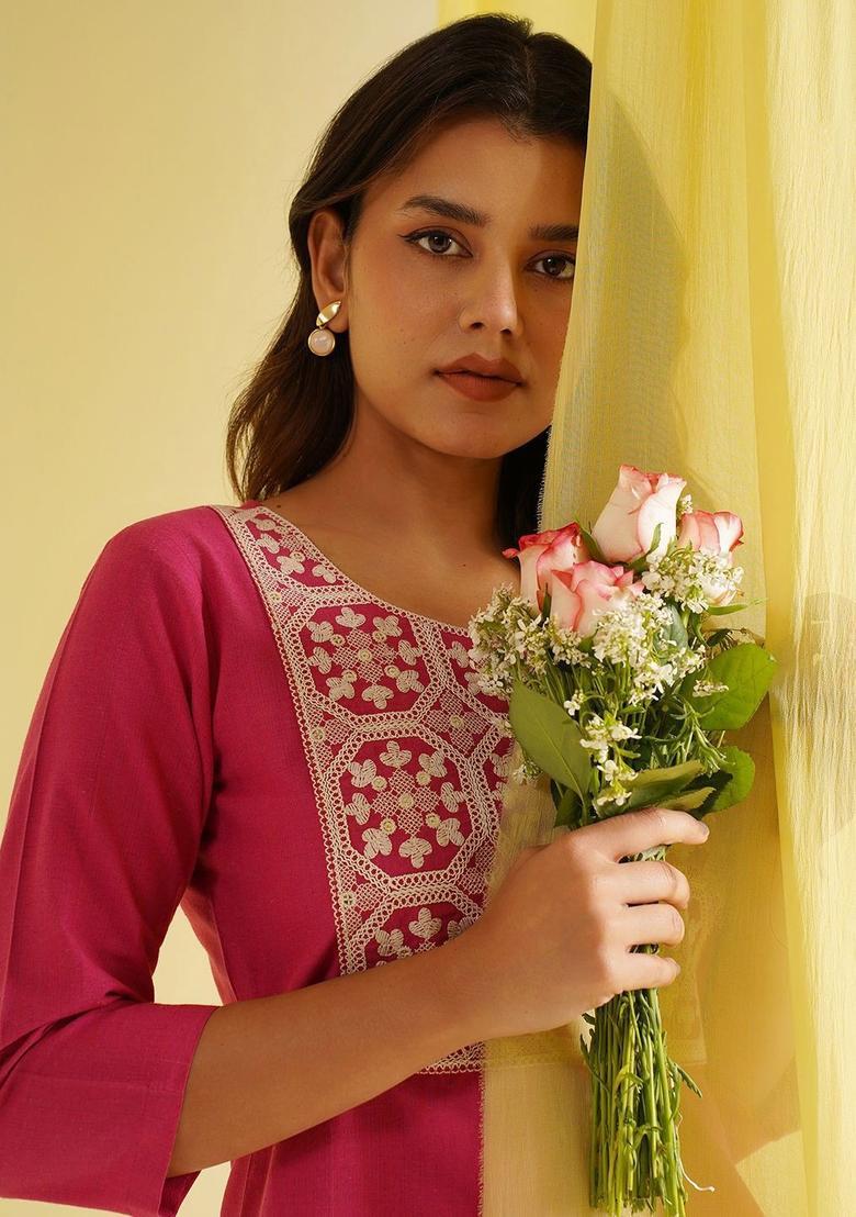 Pink Yoke Design Cotton Kurta Set - Indya