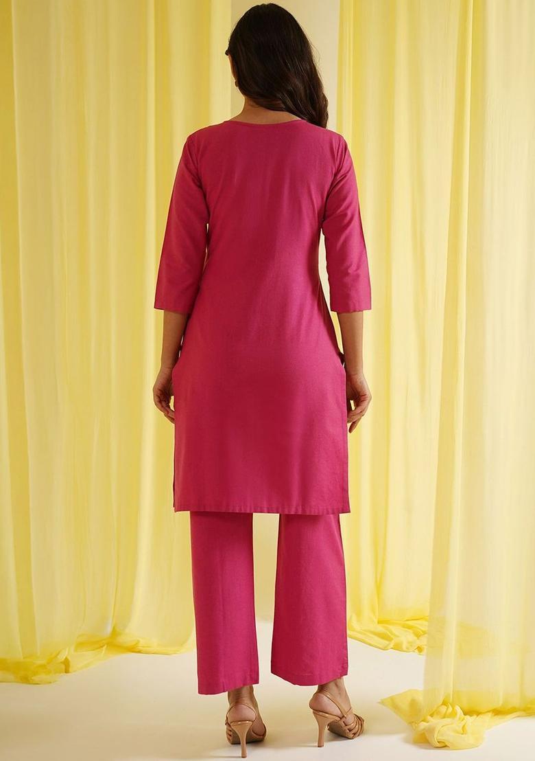 Pink Yoke Design Cotton Kurta Set - Indya
