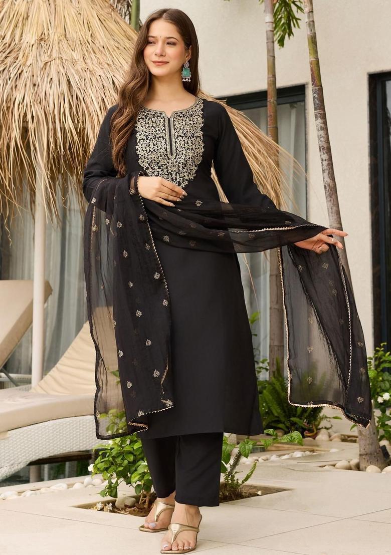 Black Yoke Design Viscose Kurta Set - Indya