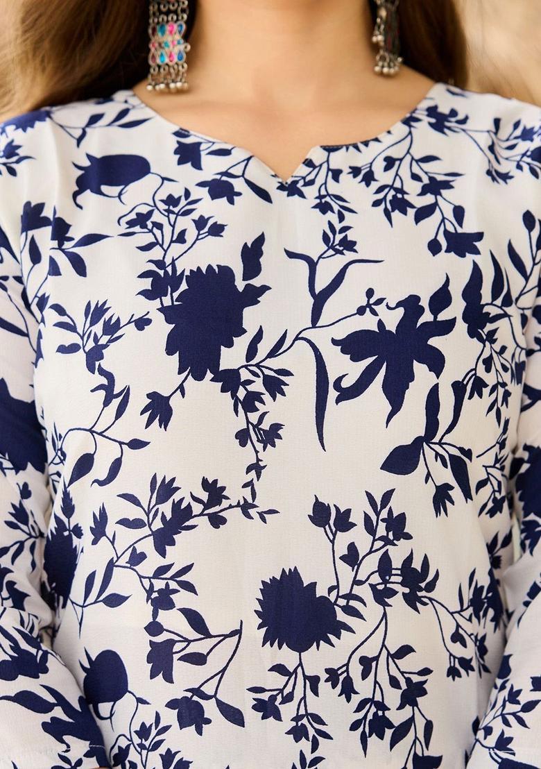 White Printed Silk Kurta Set - Indya