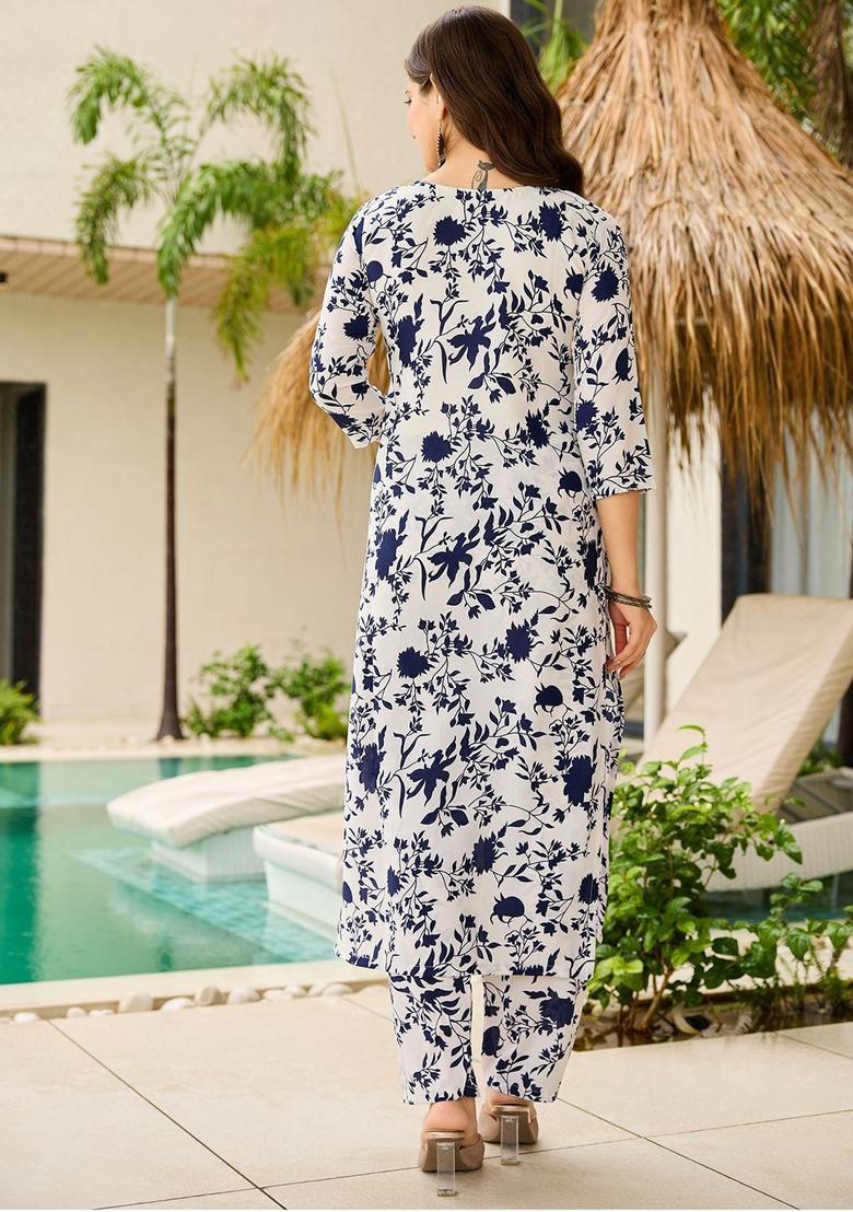 White Printed Silk Kurta Set - Indya
