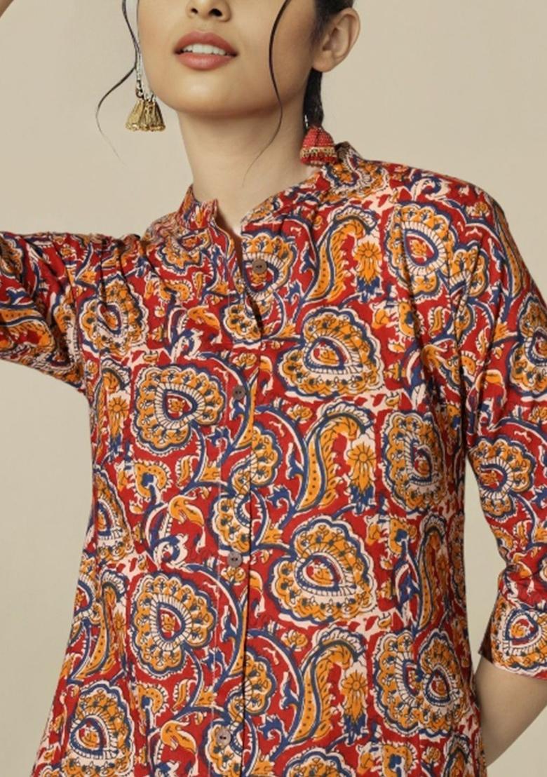 Red Printed Cotton Kurta Set - Indya