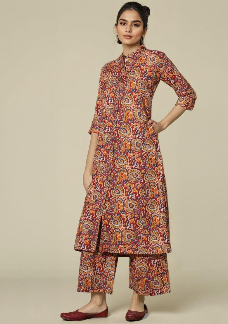 Red Printed Cotton Kurta Set - Indya