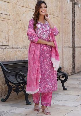Purple Printed Cotton Kurta Set