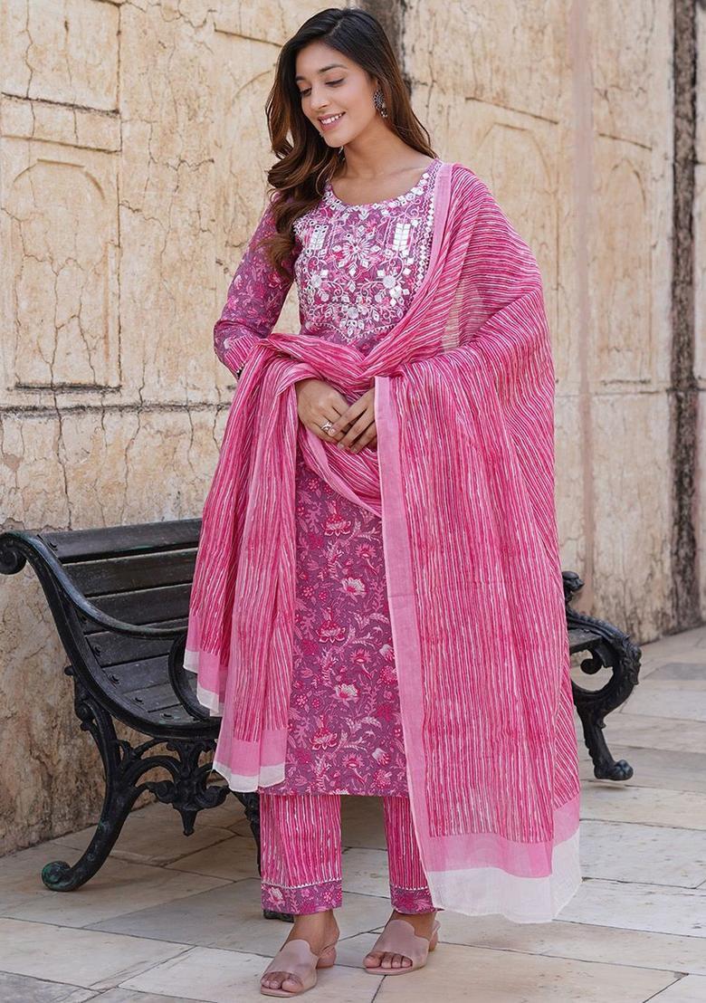 Purple Printed Cotton Kurta Set - Indya