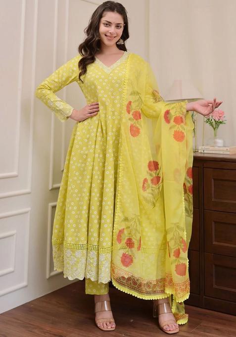 Yellow Printed Viscose Anarkali Set — view on Indya