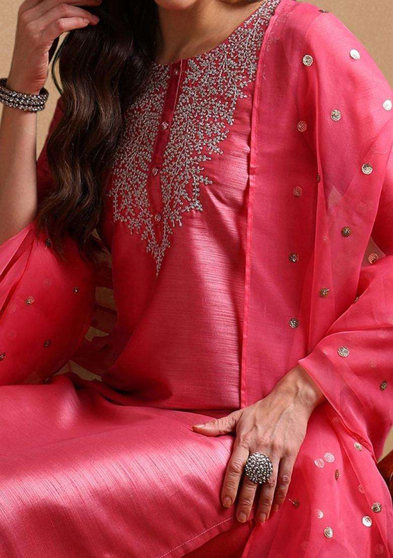 Pink Embroidered Silk Kurta Set - Indya