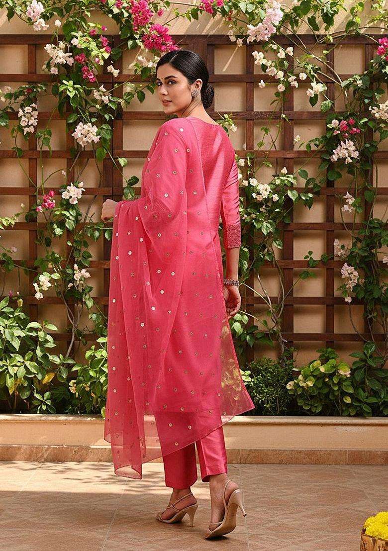 Pink Embroidered Silk Kurta Set - Indya