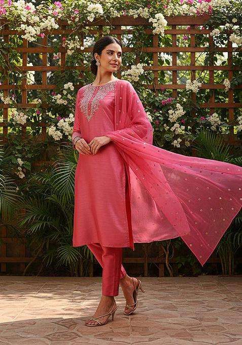 Pink Embroidered Silk Blend Kurta Set
