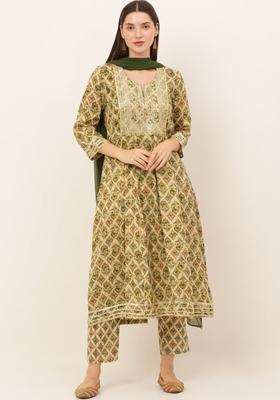 Green Printed Cotton Anarkali Set
