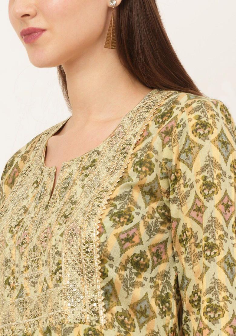 Green Printed Cotton Anarkali Set - Indya