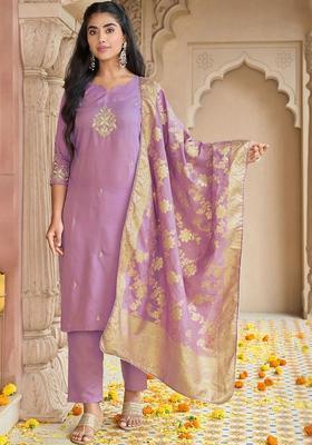 Purple Embroidered Viscose Kurta Set