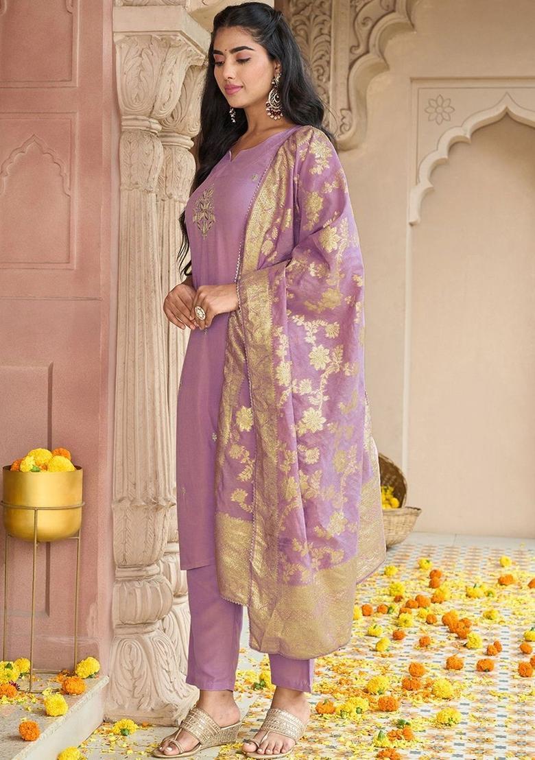 Purple Embroidered Viscose Kurta Set - Indya