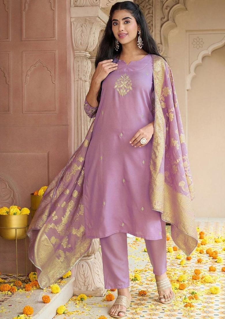 Purple Embroidered Viscose Kurta Set - Indya