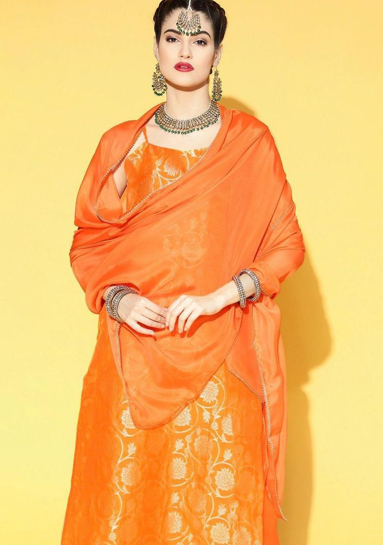 Orange Woven Design Chanderi Kurta Set - Indya