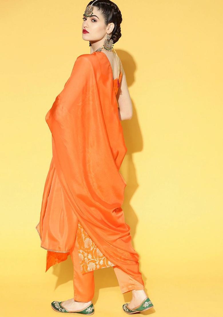 Orange Woven Design Chanderi Kurta Set - Indya