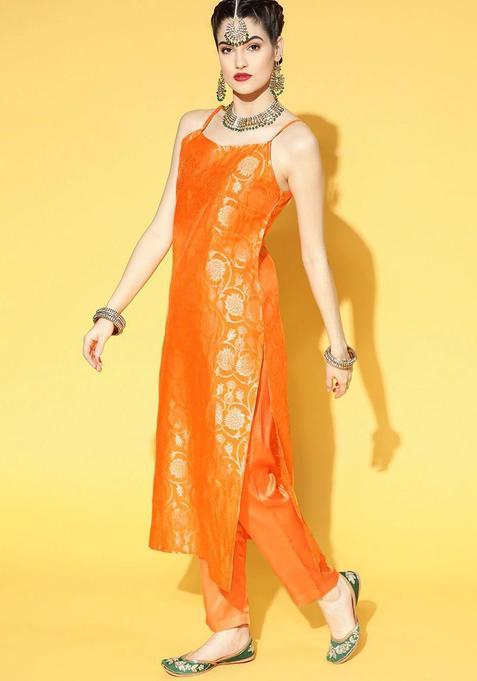Orange Woven Design Chanderi Kurta Set — view on Indya