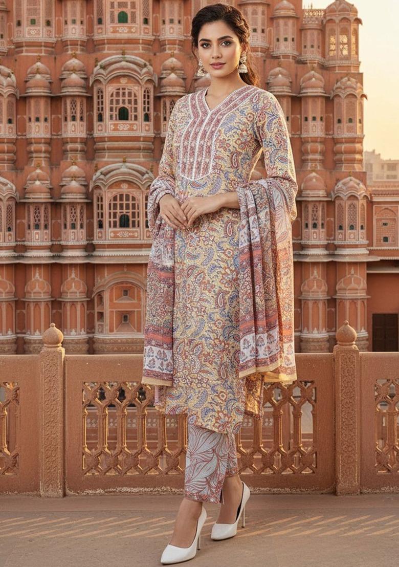 Cream Printed Cotton Kurta Set - Indya