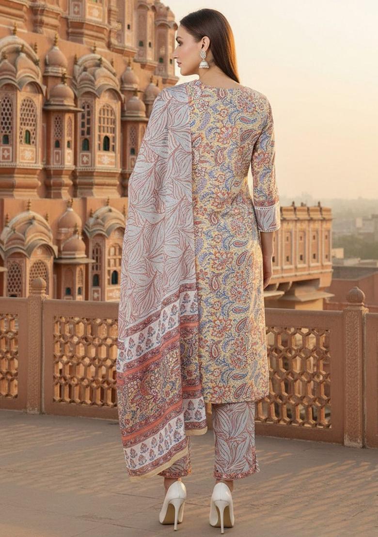 Cream Printed Cotton Kurta Set - Indya