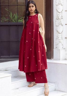Maroon Woven Design Viscose Kurta Set