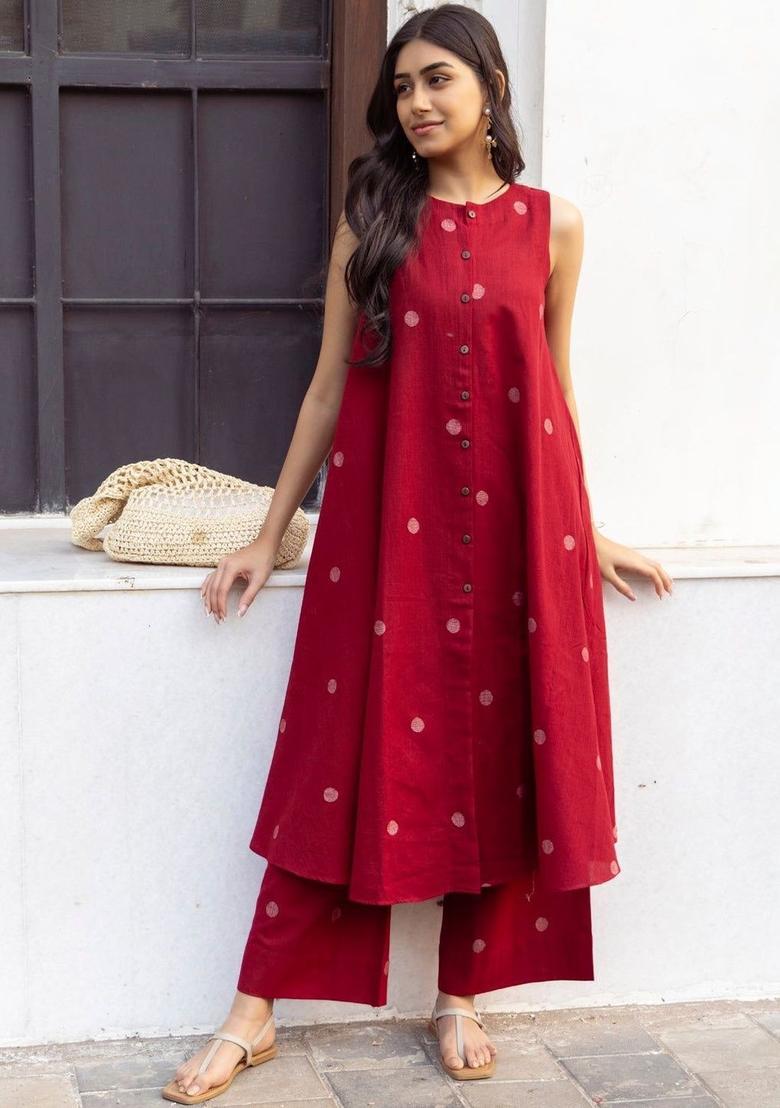 Maroon Woven Design Viscose Kurta Set - Indya