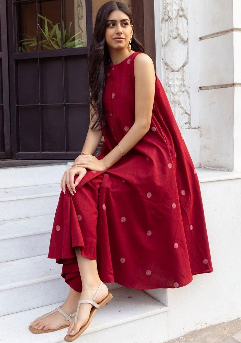 Maroon Woven Design Viscose Kurta Set - Indya