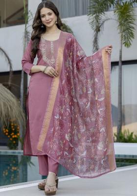 Rose Embroidered Silk Kurta Set