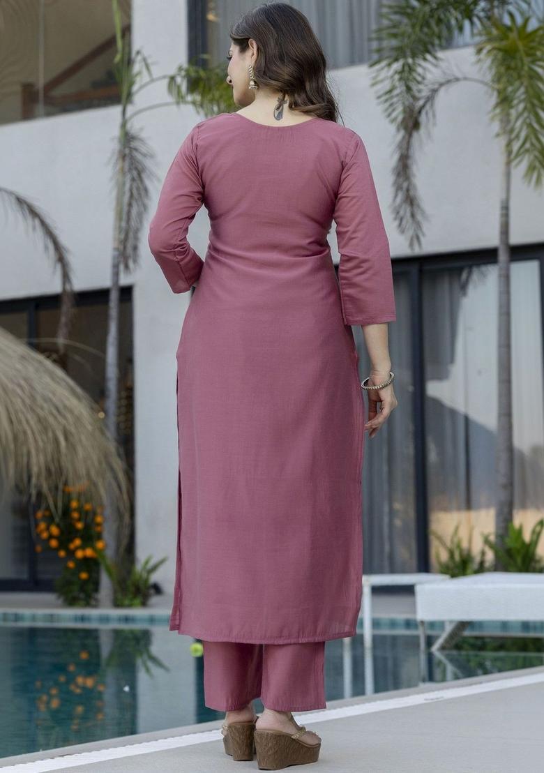Rose Embroidered Silk Kurta Set - Indya