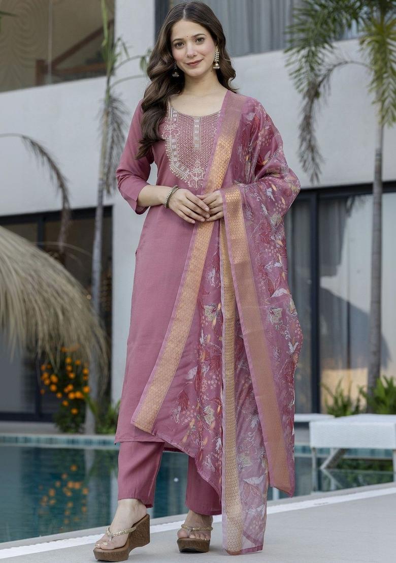 Rose Embroidered Silk Kurta Set - Indya
