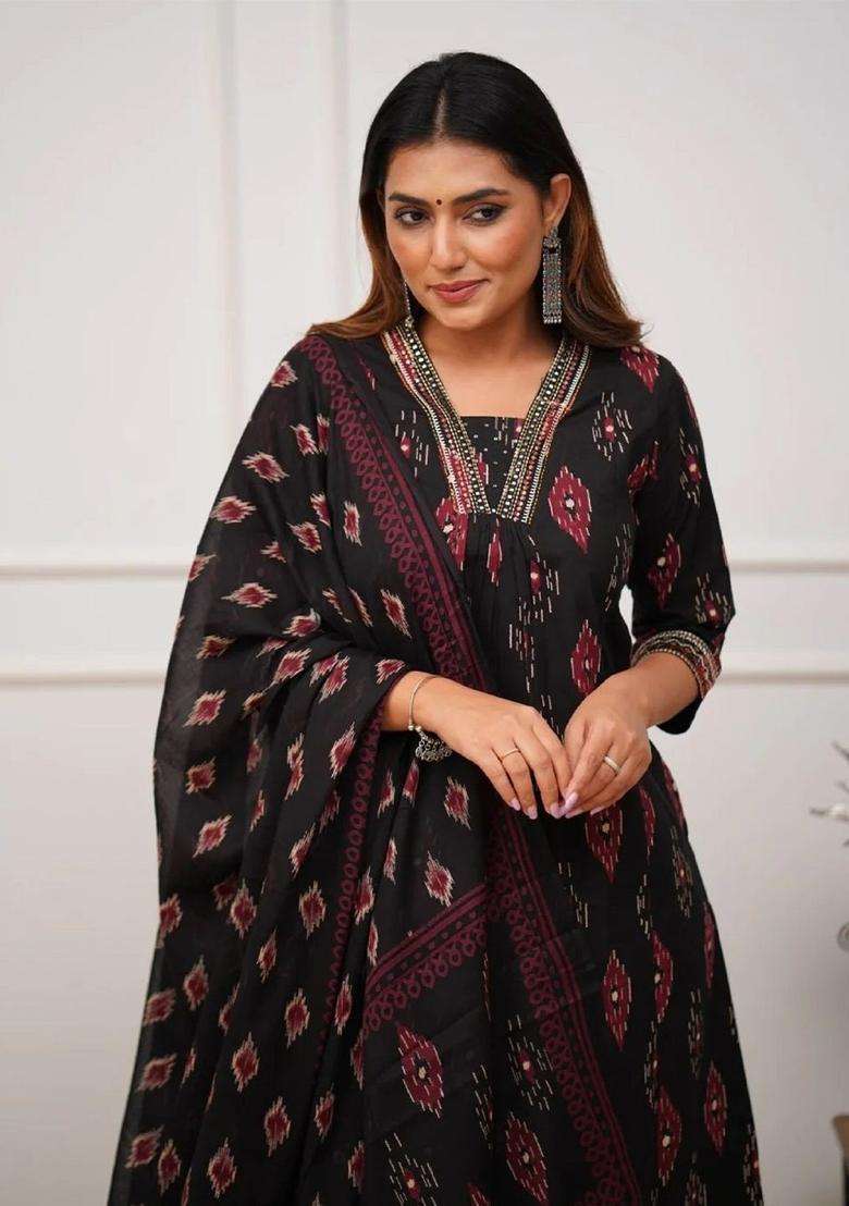 Black Printed Viscose Kurta Set - Indya
